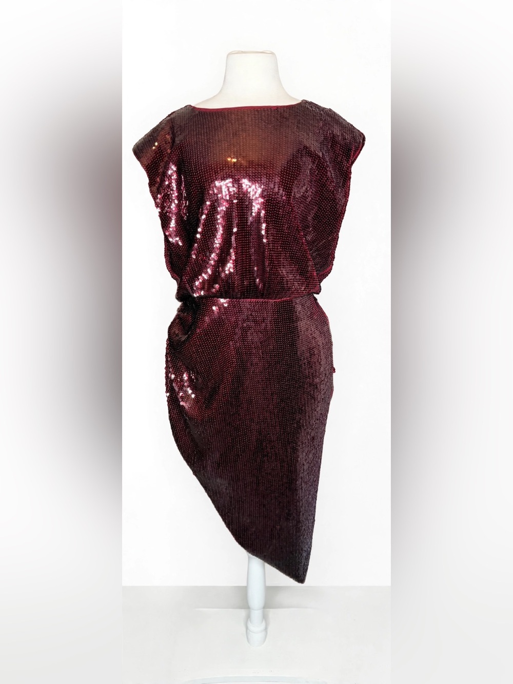 Express Burgundy Sequin Midi Dress L Draped Ruched Keyhole Cocktail Party